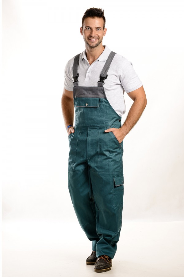 Zöld-szürke színű férfi kantáros nadrág, 250g 